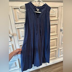 XS Blue Ruffled Neckline Smocked Dress with Pockets